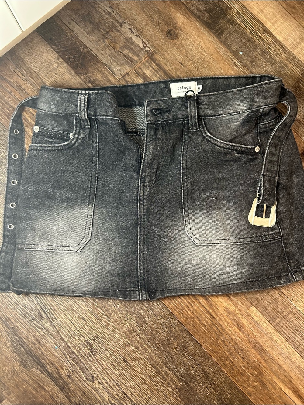refuge Faded Black Denim Mini Skirt with Buckle Belt